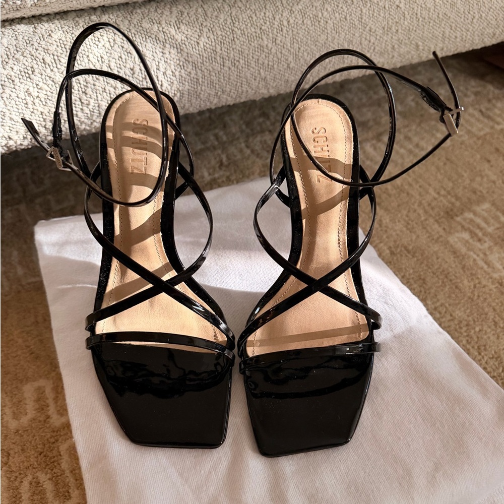 SCHUTZ Glossy Black Strapy Heels